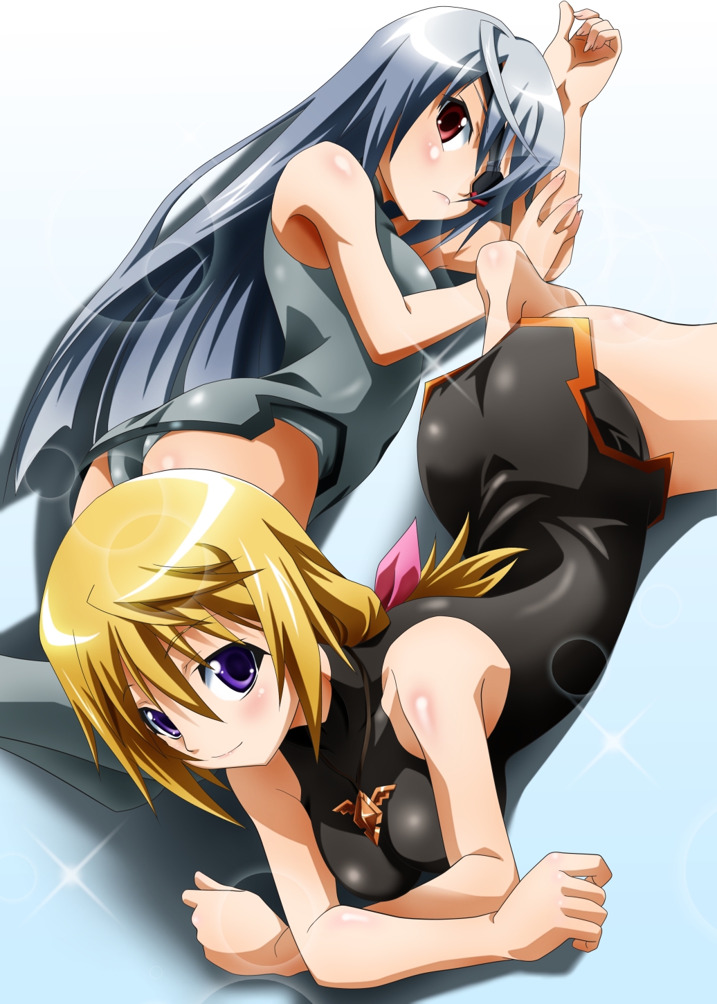 ahoge ass bad_id bad_pixiv_id bangs bare_shoulders barefoot blonde_hair blush breasts charlotte_dunois clenched_hand crossed_arms dutch_angle eyepatch fingernails from_above frown gradient gradient_background grey_legwear hair_between_eyes hair_ribbon halterneck hand_up highres infinite_stratos jewelry laura_bodewig lens_flare leotard light_smile long_fingernails long_hair low_ponytail lying multiple_girls necklace no_legwear on_side on_stomach pelvic_curtain pendant pilot_suit ponytail purple_eyes red_eyes ribbon shadow silver_hair sleeveless small_breasts smile sparkle sumeragi_tomo thighhighs turtleneck very_long_hair
