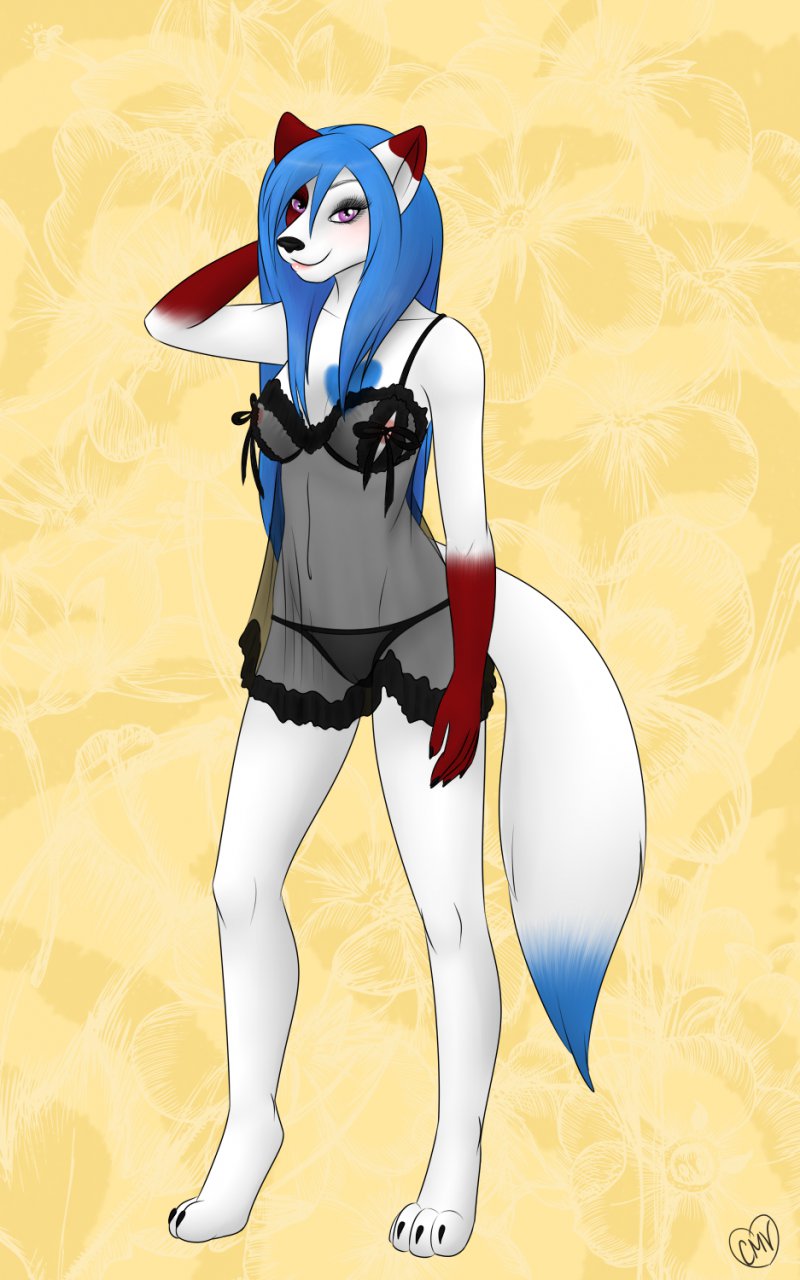 blue_hair canine colormeviolet female fur hair horo_(sparkangel) mammal nightgown pin_up pinup pose see_through smirk solo translucent white_fur wolf