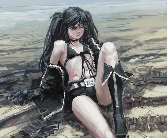 beach bikini_top black_hair black_rock_shooter black_rock_shooter_(character) boots coat doyora flat_chest front-tie_top gloves hand_on_own_face long_hair navel no_lineart ocean scar seaweed short_shorts shorts solo twintails