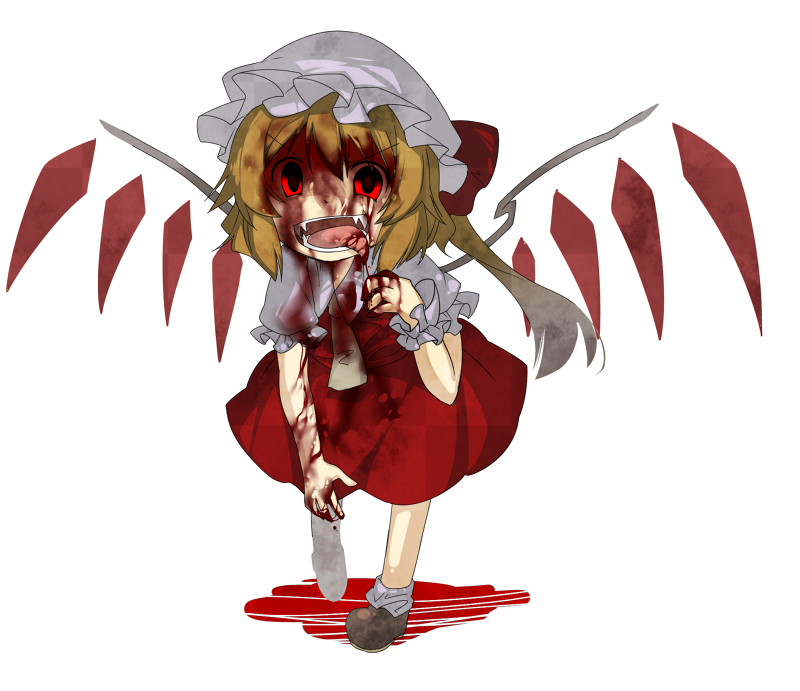 ascot bad_id bad_pixiv_id blonde_hair blood blood_in_mouth blood_on_face blurry depth_of_field dress eiri_(eirri) fangs flandre_scarlet hat open_mouth red_dress red_eyes shirt side_ponytail solo tongue tongue_out touhou walking wings wrist_cuffs