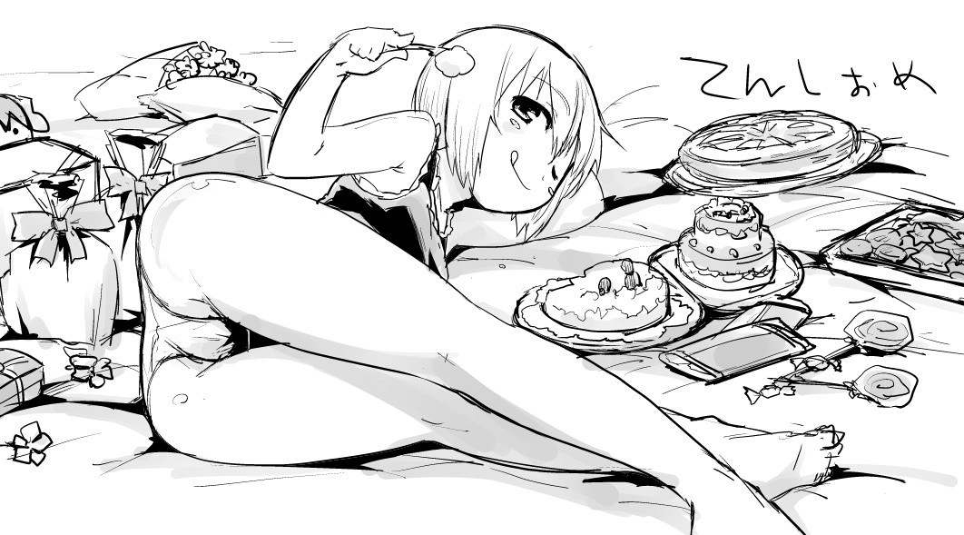 ;q ass cake erica_hartmann food gift greyscale lying monochrome mozu_(peth) on_side one_eye_closed panties plate short_hair sketch smile solo strike_witches tank_top tongue tongue_out underwear world_witches_series