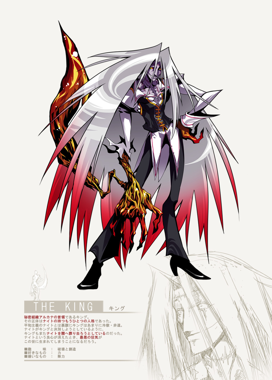 bad_id bad_pixiv_id character_name claws formal gradient_hair grin hand_on_hip highres ichi_(ichikai) long_hair male_focus multicolored_hair original red_hair red_sclera scar simple_background sketch smile solo suit translation_request very_long_hair white_hair yellow_eyes