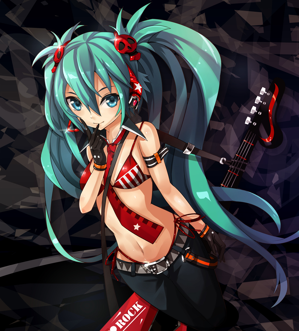 alternate_costume aqua_eyes aqua_hair arm_garter belt bikini_top finger_to_mouth from_above gloves guitar hatsune_miku instrument long_hair looking_at_viewer navel necktie pants solo twintails very_long_hair vocaloid yato