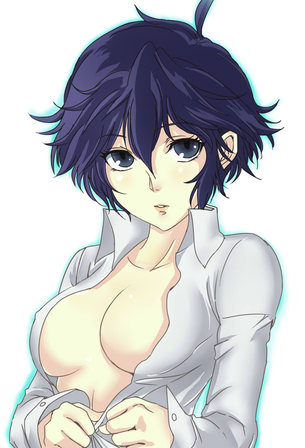 blue_eyes blue_hair breasts cleavage dress_shirt highres looking_at_viewer medium_breasts no_bra open_clothes open_shirt persona persona_4 shirogane_naoto shirt short_hair simple_background solo suta_furachina upper_body