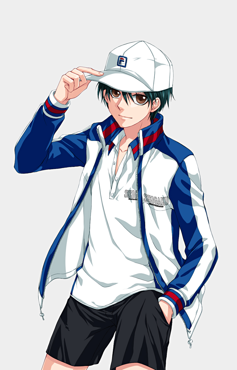 black_hair brown_eyes echizen_ryooma gedoooo hat highres jacket male_focus shorts simple_background smile solo tennis_no_ouji-sama