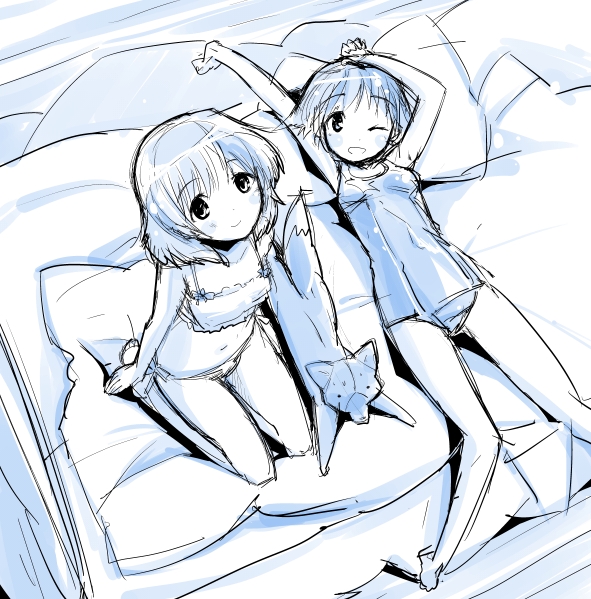 arm_up bed blush bra fox lingerie lying miyafuji_yoshika monochrome mozu_(peth) multiple_girls one-piece_swimsuit one_eye_closed open_mouth panties sanya_v_litvyak school_swimsuit short_hair sketch smile stretch strike_witches swimsuit underwear world_witches_series
