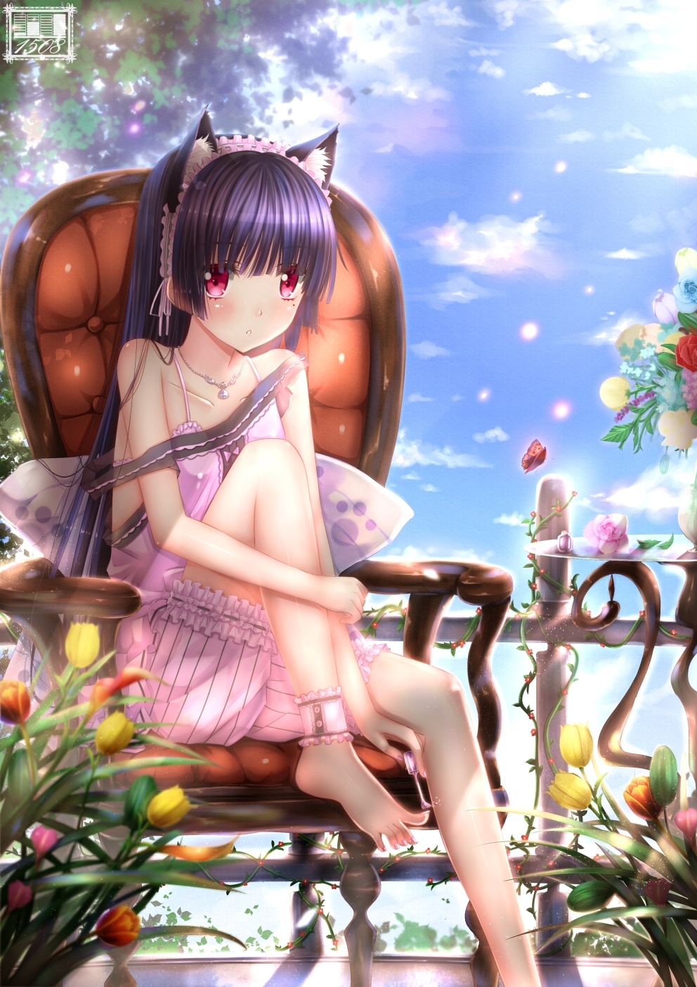 :o animal_ears ankle_cuffs armchair bare_shoulders barefoot black_hair blush bug butterfly camisole cat_ears chair cloud collarbone day feet feet_on_chair flower gokou_ruri hair_ornament hairband highres insect jewelry leaf long_hair long_legs looking_at_viewer mole mole_under_eye nail_polish nail_polish_bottle necklace open_mouth ore_no_imouto_ga_konna_ni_kawaii_wake_ga_nai outdoors pedicure pink_eyes red_eyes shorts sitting sky solo swordsouls toenail_polish toes tulip