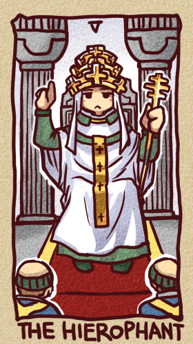 bald chair cross hand_up hat ikkyuu lowres male_focus mitre original pope robe sitting solo staff tarot the_hierophant throne