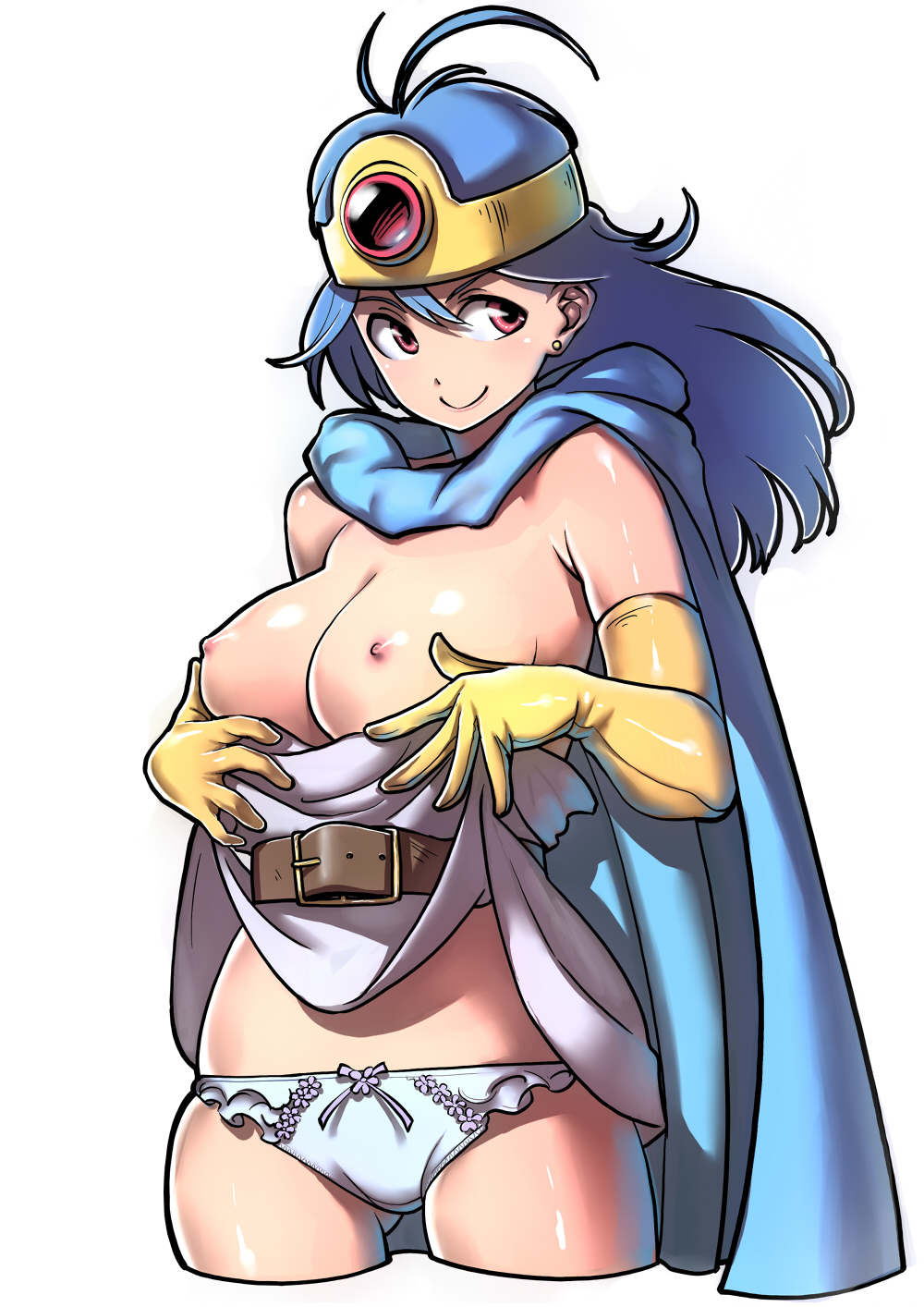 belt blue_hair breasts cape circlet dragon_quest dragon_quest_iii dress dress_lift earrings elbow_gloves gloves highres jewelry large_breasts long_hair nipples panties red_eyes sage_(dq3) short_dress solo strapless strapless_dress twinpoo underwear white_background white_dress