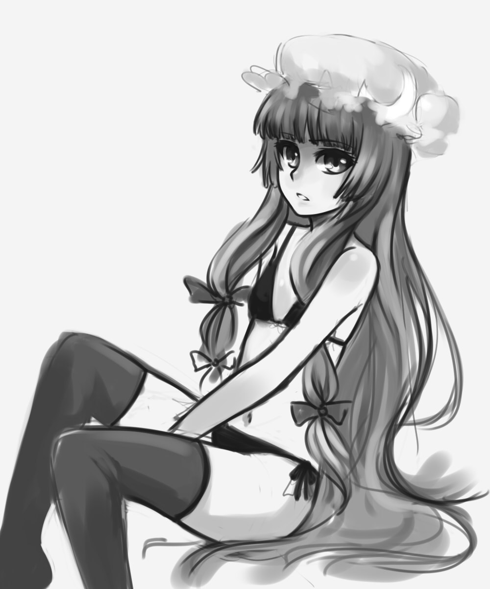 bikini bonnet bunches face flat_chest greyscale hat highres long_hair monochrome navel pas_(paxiti) patchouli_knowledge side-tie_bikini solo swimsuit thighhighs touhou very_long_hair