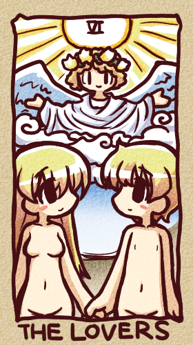 2girls blonde_hair blush_stickers breasts cloud holding_hands ikkyuu lowres multiple_girls navel nude original small_breasts smile sun tarot the_lovers wings