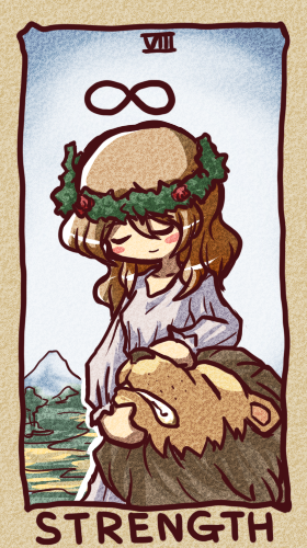 blush_stickers brown_hair ikkyuu infinity lion lowres original solo strength_(tarot_card) tarot