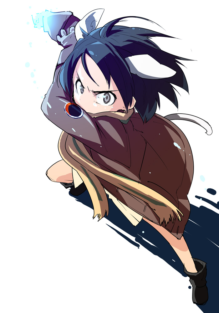 angry animal_ears arm_up black_hair blue_eyes boots brave_witches gloves incoming_punch kanno_naoe mozu_(peth) powering_up scarf short_hair solo striped striped_scarf world_witches_series