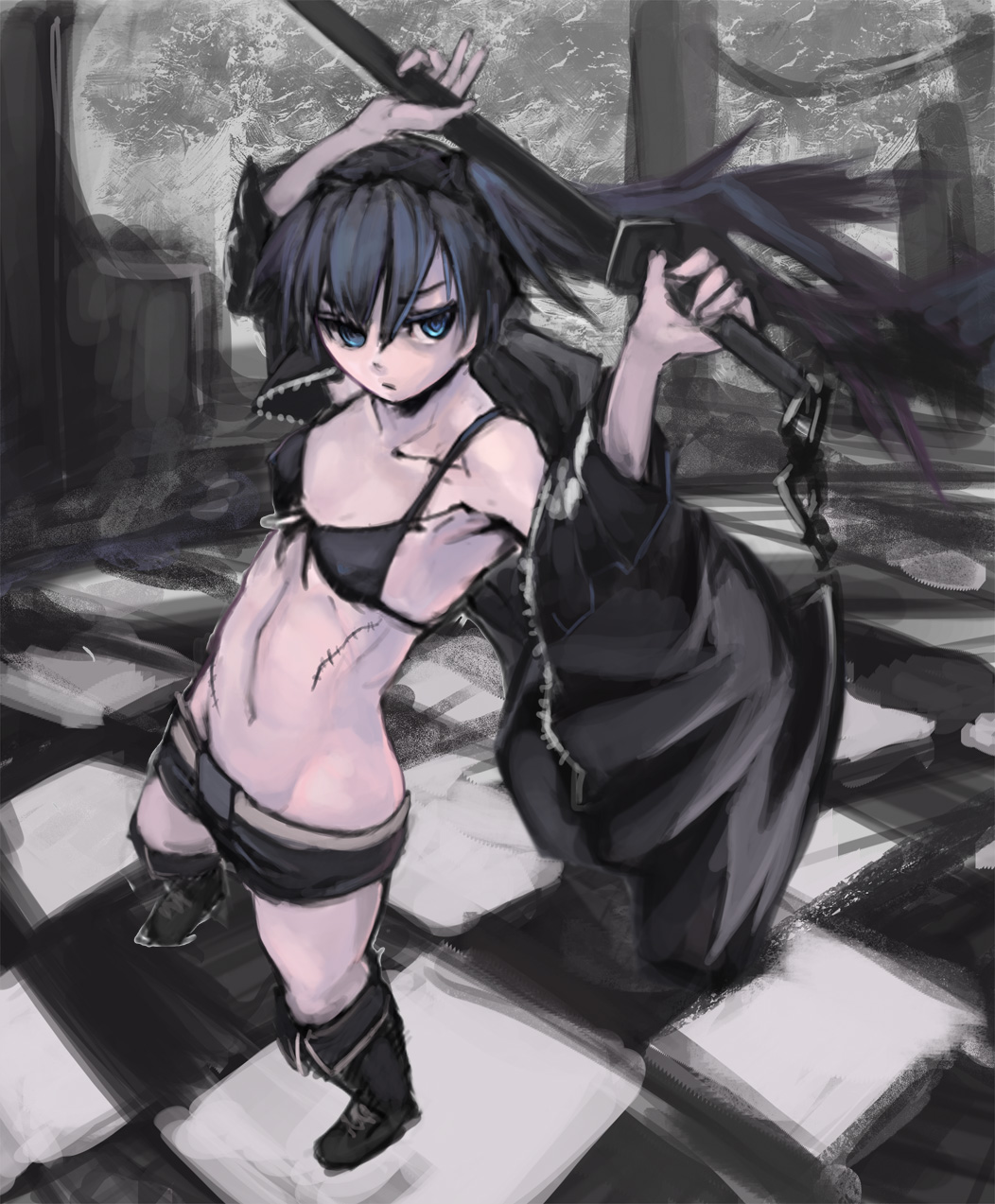 bikini_top black_hair black_rock_shooter black_rock_shooter_(character) blue_eyes boots chain checkered checkered_floor coat flat_chest highres long_hair midriff navel riftgarret scar short_shorts shorts solo sword twintails weapon