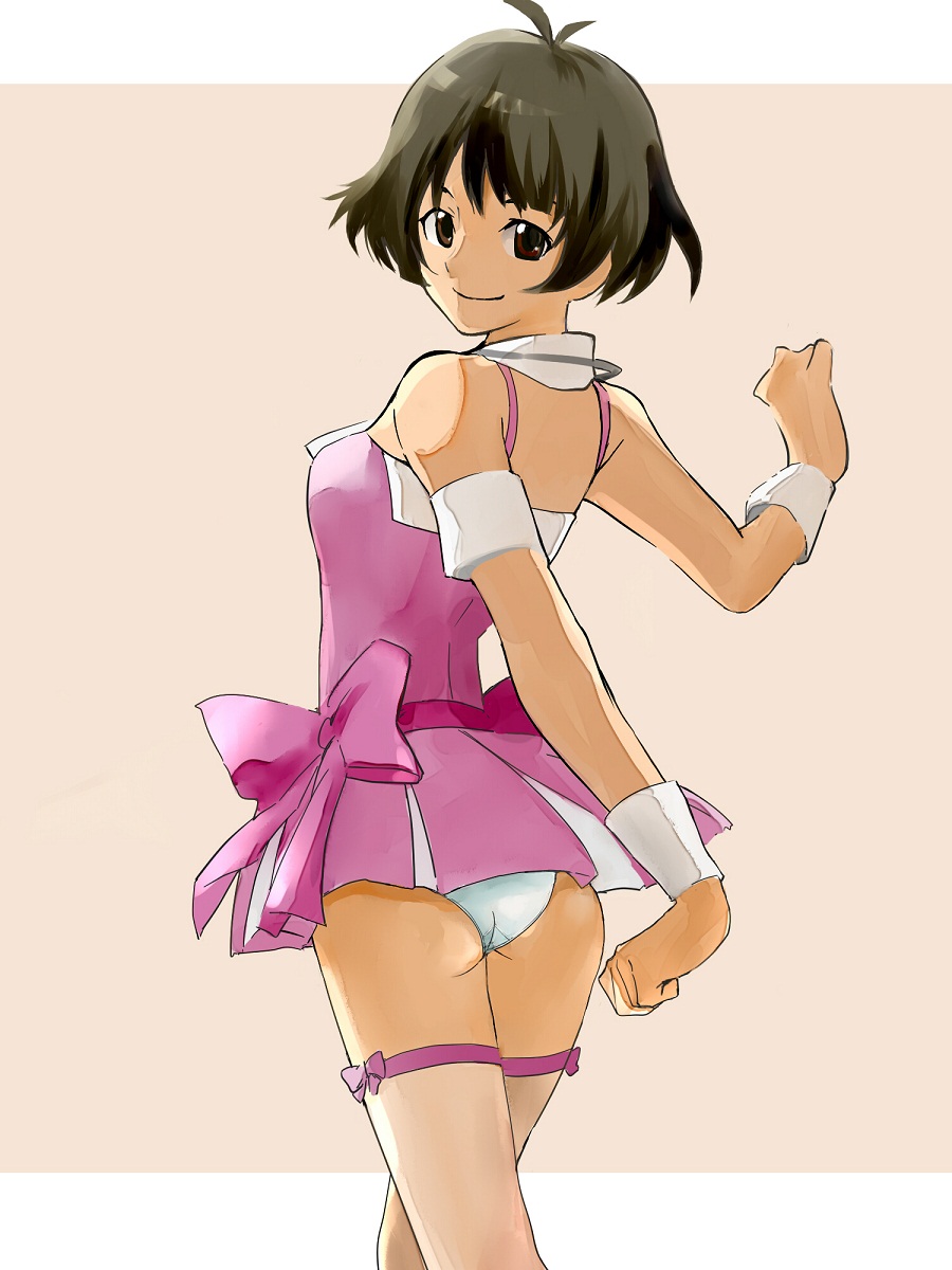 akizuki_ryou antenna_hair ass bare_shoulders bow brown_eyes brown_hair crossdressing cute_&amp;_girly_(idolmaster) highres idolmaster idolmaster_dearly_stars jewelry looking_back male_focus matsuse_daichi necklace otoko_no_ko panties pink_bow short_hair smile solo thighhighs underwear wrist_cuffs