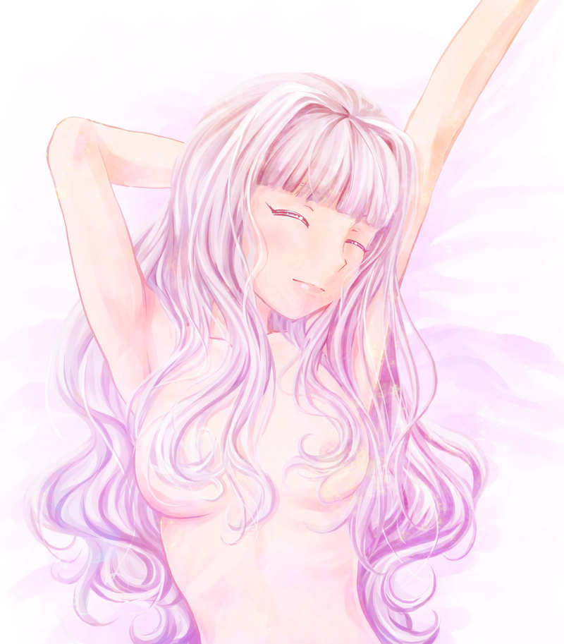 areola_slip areolae armpits bangs banned_artist blunt_bangs breasts closed_eyes hair_censor hair_over_breasts idolmaster idolmaster_(classic) long_hair nigiriushi nude pink_hair shijou_takane small_breasts solo stretch upper_body