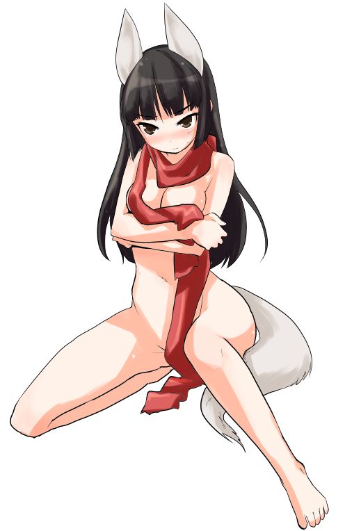 anabuki_tomoko animal_ears barefoot black_eyes black_hair blush breasts covering covering_breasts crossed_arms embarrassed long_hair medium_breasts mozu_(peth) naked_scarf nude red_scarf scarf solo squatting tail world_witches_series