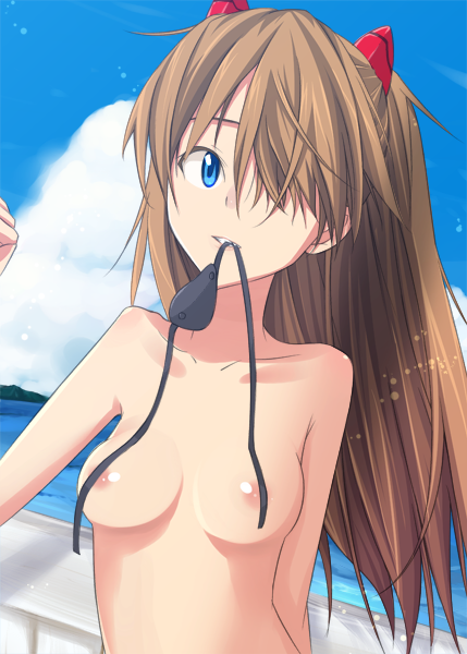 areolae bad_id bad_tinami_id blue_eyes breasts brown_hair convenient_censoring day evangelion:_3.0_you_can_(not)_redo eyepatch ichinose_yuu long_hair mouth_hold neon_genesis_evangelion nude rebuild_of_evangelion shikinami_asuka_langley solo souryuu_asuka_langley upper_body