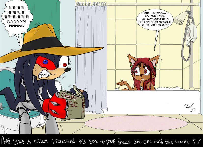 bath book cat comfortable echidna feline female hair hat in_abyss lothar_(lotharhex) male mammal raye_(in_abyss) red_eye red_eyes red_hair using_toilet water