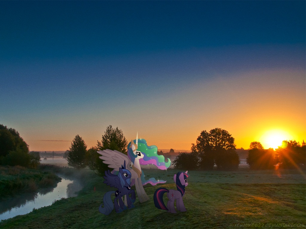 alicorn cloud clouds crown cutie_mark daytime equine female feral friendship_is_magic grass hair horizon horn horse mammal mist mixed_media mixermike622 multi-colored_hair my_little_pony ponies_in_real_life pony princess princess_celestia_(mlp) princess_luna_(mlp) real royalty sky stream sun sunrise tree twilight_sparkle_(mlp) unicorn water winged_unicorn wings wood