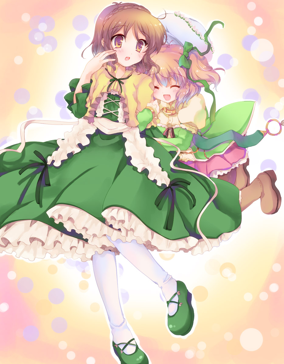 ^_^ boots bow brown_eyes brown_hair closed_eyes dress frills gathers hair_ribbon happy hat highres hizukiryou mary_janes multiple_girls open_mouth original pantyhose petticoat puffy_sleeves ribbon shoes short_hair side_ponytail surprised white_legwear