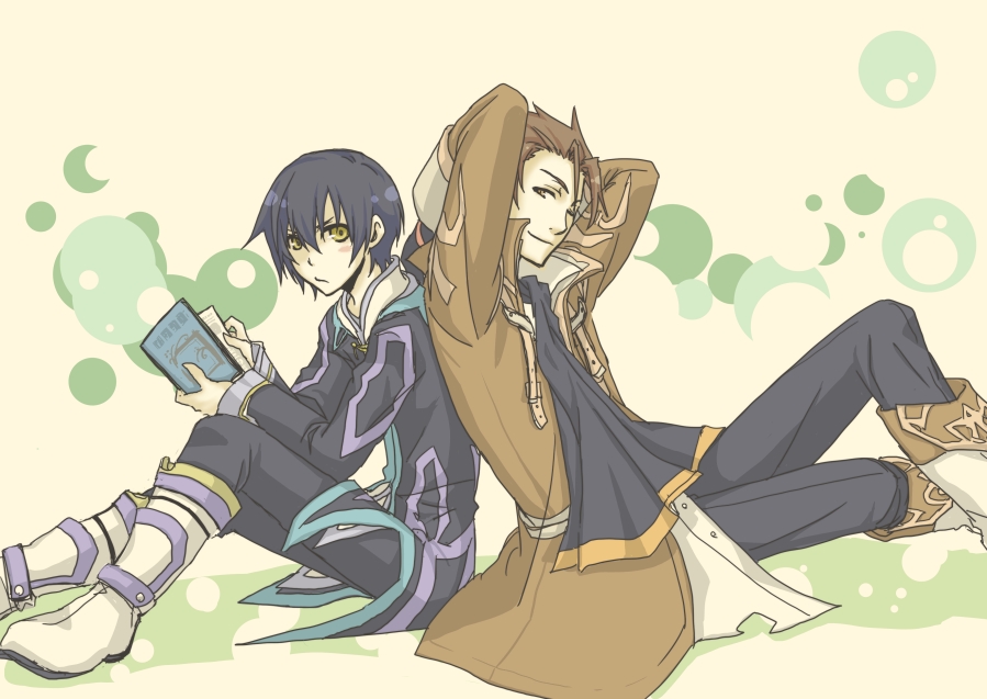 alvin_(tales) back-to-back black_hair blush book boots brown_eyes brown_hair gloves hiromu_(garakuta) jude_mathis knee_boots male_focus multiple_boys one_eye_closed scarf smile tales_of_(series) tales_of_xillia yellow_eyes