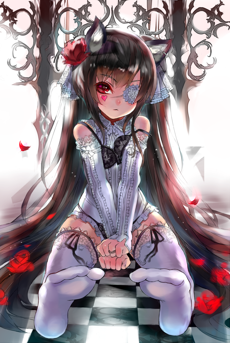 animal_ears bad_id bad_tinami_id between_thighs black_bra black_hair bra cat_ears checkered checkered_floor detached_sleeves earrings eyepatch feet flower foreshortening full_body hair_flower hair_ornament heart jewelry lingerie long_hair looking_at_viewer magaeshi no_shoes original petals red_eyes ring scar sitting soles solo tattoo thighhighs underwear v_arms very_long_hair white_legwear