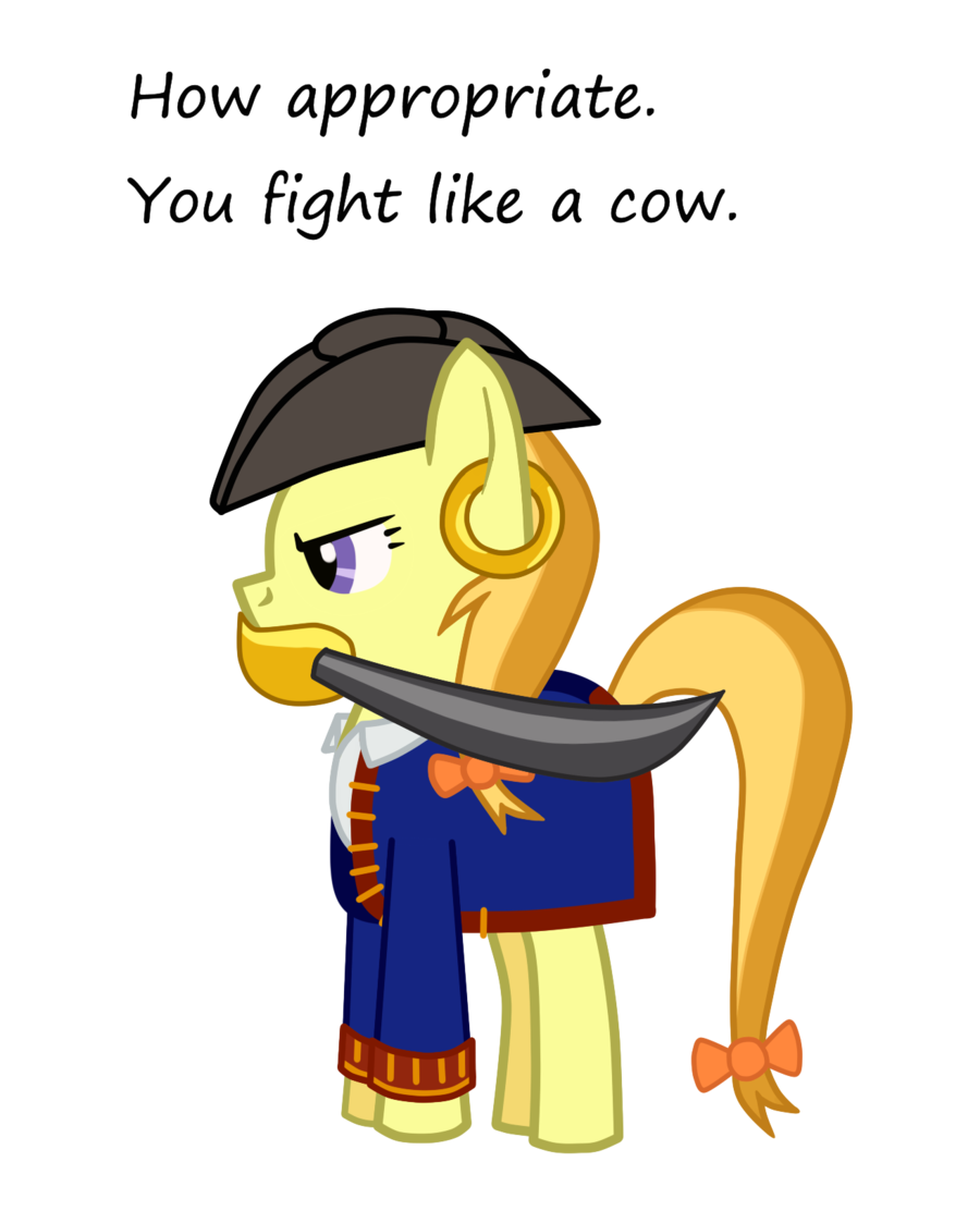 bow clothing comeback dialog dialogue ear_piercing earring english_text equine eyelashes female feral fetchbeer hat horse mammal monkey_island my_little_pony parody piercing ponification pony purple_eyes solo sword text weapon
