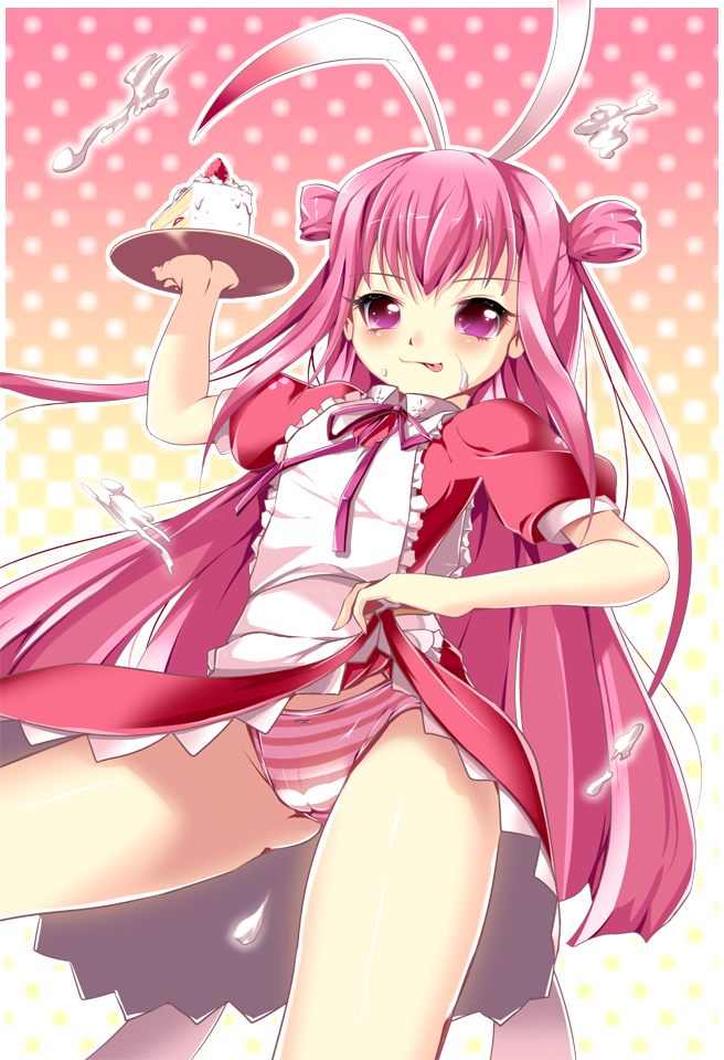 :p animal_ears apron bad_id bad_pixiv_id blush bunny_ears cake cameltoe cream dress dress_lift food lace lace-trimmed_dress long_hair naughty_face original panties pink_dress pink_eyes pink_hair short_dress short_sleeves striped striped_panties sys.ao tongue tongue_out tray underwear waitress