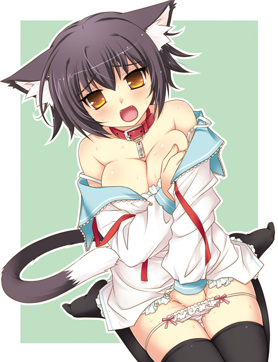 animal_ears bare_shoulders black_hair black_legwear blush breast_hold breasts cat_ears cat_tail cleavage collar embarrassed empty_eyes fang large_breasts looking_at_viewer masturbation open_mouth original panties panty_pull pussy_juice saeki_hokuto school_uniform short_hair sitting skindentation solo strap_slip sweat tail thighhighs underwear wariza yellow_eyes