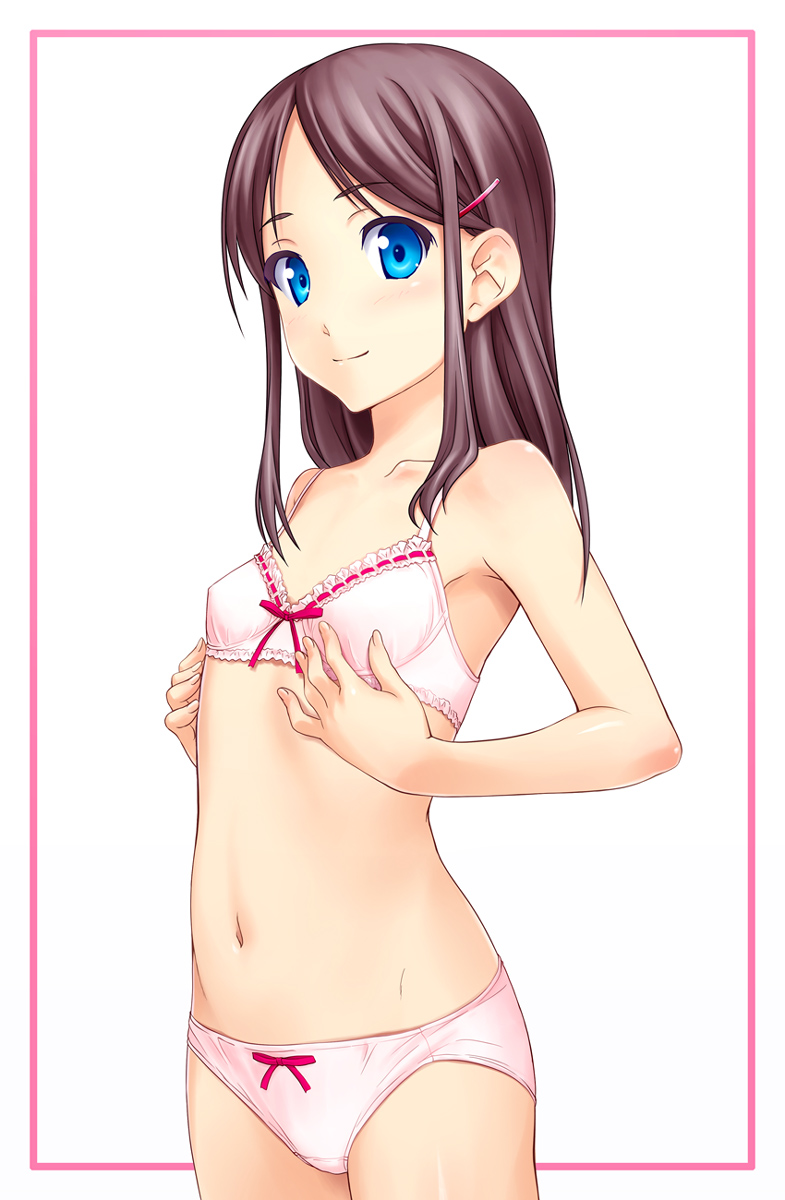 bare_shoulders blue_eyes blush bra brown_hair flat_chest hair_ornament hairclip hands highres lingerie long_hair looking_at_viewer navel norizou_type-r original panties simple_background smile solo standing underwear underwear_only white_background white_bra white_panties
