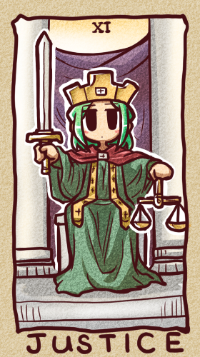 balance_scale blush_stickers crown green_hair ikkyuu justice_(tarot_card) lowres original robe sitting solo sword tarot weapon weighing_scale