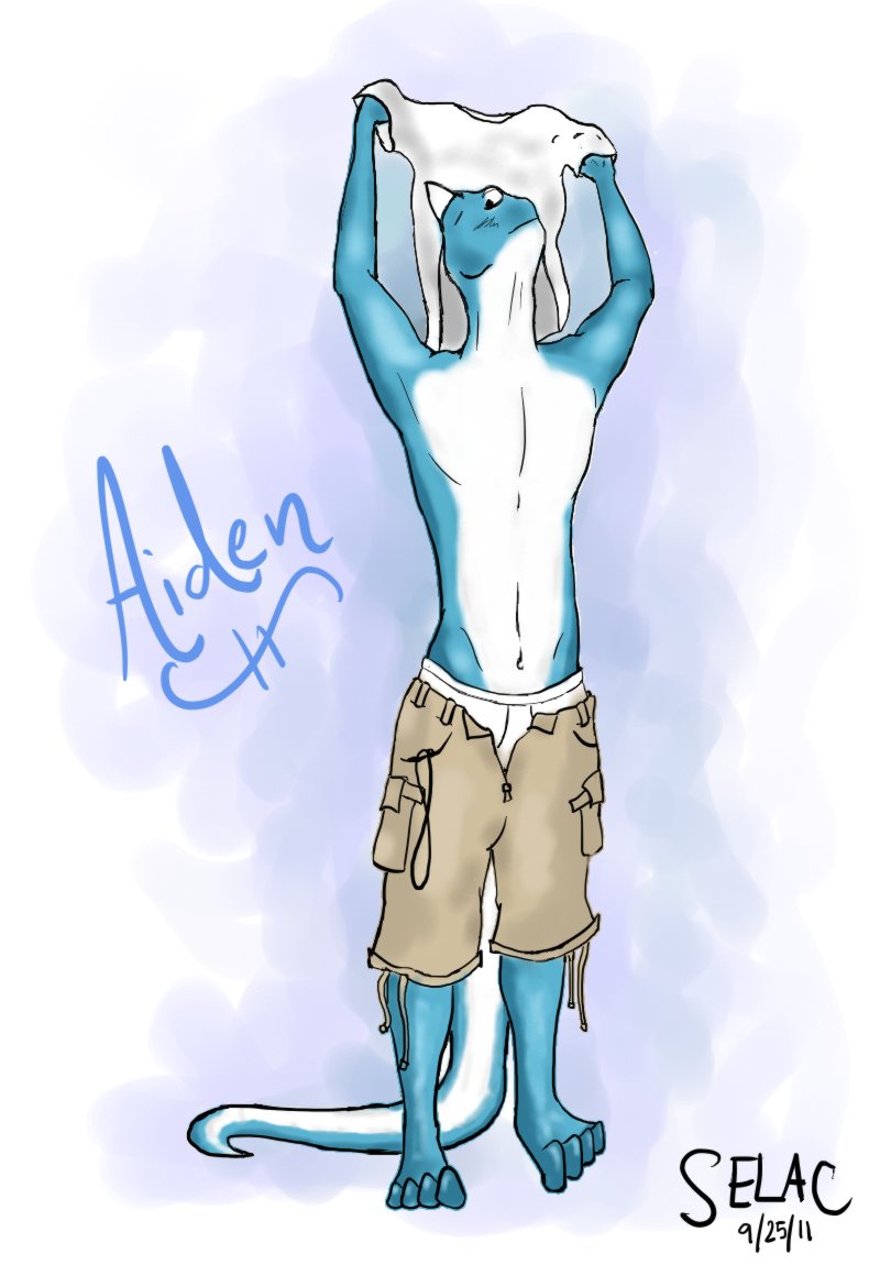 aiden_(character) arms_over_head blue clothing horn lanyard male reptile scalie selac_(artist) shirt shorts simple_background underwear undressing