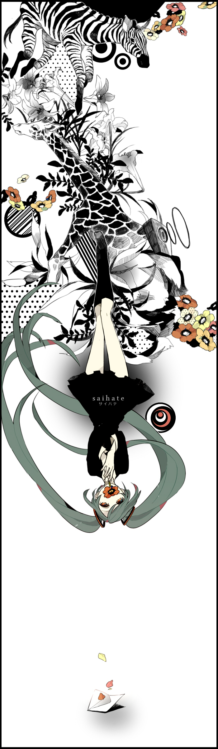 absurdres aqua_hair black_legwear covering_mouth envelope flower giraffe hands_together hatsune_miku highres kneehighs lily_(flower) long_hair long_image o-ishi own_hands_together petals saihate_(vocaloid) solo speaker spot_color tall_image upside-down very_long_hair vocaloid zebra