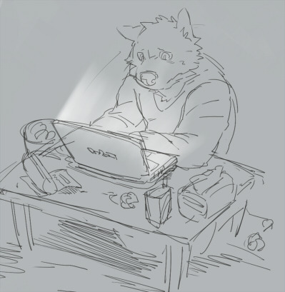 canine clothed clothing computer doublebite_(artist) greyscale laptop male mammal monochrome sad simple_background sitting sketch table