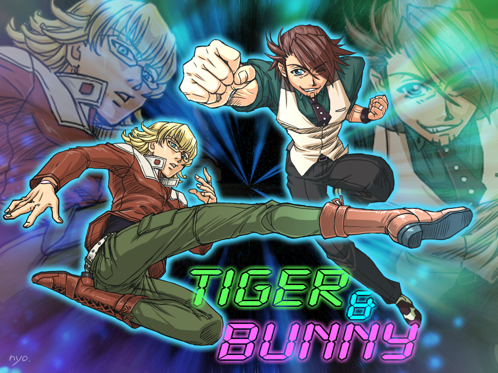 barnaby_brooks_jr belt blonde_hair blue_eyes boots brown_hair facial_hair glasses glowing jacket jewelry kaburagi_t_kotetsu kicking male_focus multiple_boys necklace necktie nyozomi punching red_jacket stubble studded_belt tiger_&amp;_bunny vest waistcoat watch wristwatch zoom_layer