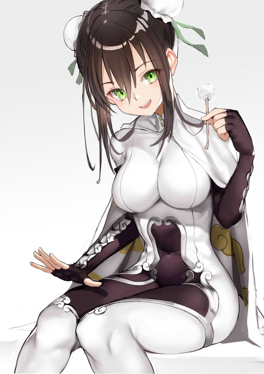 :d bangs blush bodysuit breasts brown_bodysuit brown_gloves brown_hair bun_cover chinese_clothes commentary_request covered_navel double_bun elbow_gloves eyebrows_visible_through_hair fate/grand_order fate_(series) fingerless_gloves gloves gradient gradient_background green_eyes grey_background hair_between_eyes head_tilt highres lap_pillow_invitation long_hair looking_at_viewer medium_breasts mimikaki nyatabe open_mouth qin_liangyu_(fate) side_bun sidelocks smile solo white_background