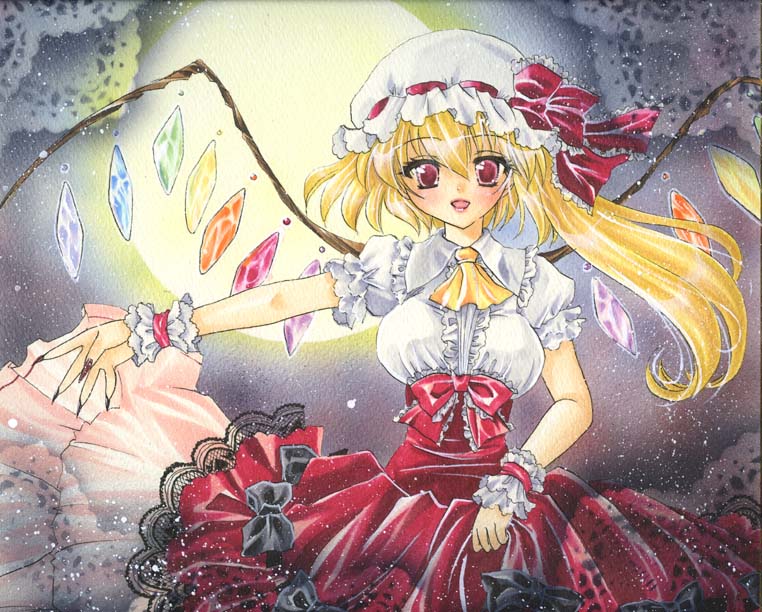 alternate_costume ascot bad_id bad_pixiv_id blonde_hair bow claws clothes_grab dress fingernails flandre_scarlet frills full_moon gown hat hat_bow hat_ribbon lace long_fingernails long_hair marker_(medium) millipen_(medium) mitsuba_(threeleaf) moon moonlight nail_polish older outstretched_arm pastel_(medium) red_eyes ribbon short_hair short_sleeves side_ponytail solo teenage touhou traditional_media wings wrist_cuffs