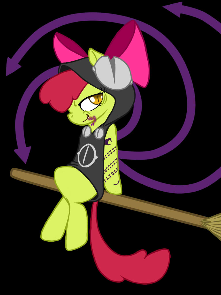 anthro apple_bloom_(mlp) applebloom_(mlp) bow broom cartoon clothed clothing cosplay cub dress equine female foal friendship_is_magic fur hair hood horse looking_at_viewer magic magic_user mammal medusa_gorgon my_little_pony naur oddly_sexy pony red_hair sitting slit_pupils smile solo soul_eater tattoo witch yellow yellow_fur young