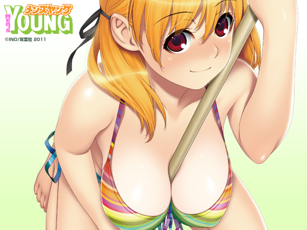 2011 bare_legs bare_shoulders between_breasts bikini blonde_hair blush breasts cleavage front-tie_top hair_ribbon ino kneeling large_breasts long_hair looking_up men's_young multicolored multicolored_bikini multicolored_clothes multicolored_stripes pole red_eyes ribbon shiny shiny_skin side-tie_bikini smile solo strap_gap striped striped_bikini swimsuit tan tanline tareme wallpaper