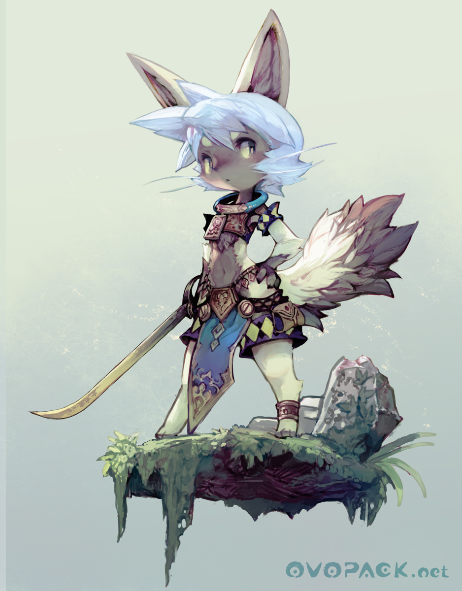 clothing fox grass hair male mammal ovopack pose rock shorts solo standing sword weapon white_hair young