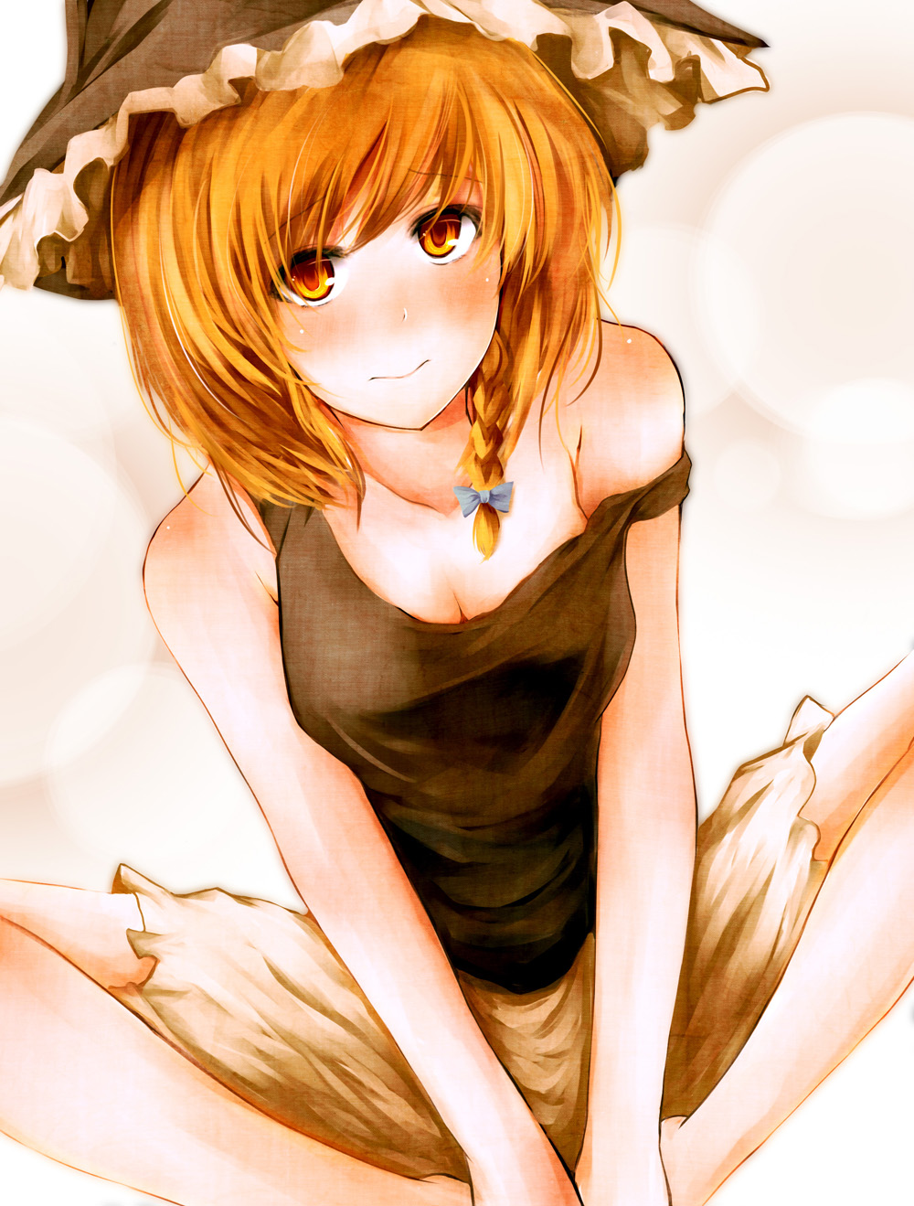 bad_id bad_pixiv_id bare_legs blonde_hair bloomers blush braid breasts cleavage hair_ribbon hat highres kirisame_marisa metalwasabi no_pants off_shoulder ribbon sitting sleeveless small_breasts solo tank_top touhou underwear underwear_only v_arms witch_hat yellow_eyes