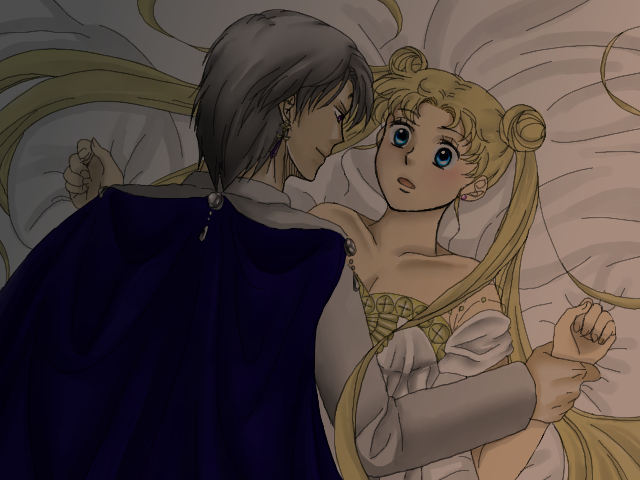 1boy 1girl bare_shoulders bed_sheet bishoujo_senshi_sailor_moon bishoujo_senshi_sailor_moon_r blonde_hair blue_eyes blush cape diamand double_bun dress earrings facial_mark forehead_mark jewelry kiss long_hair looking_at_another lying neo_queen_serenity on_back open_mouth prince prince_demande prince_diamond princes queen saliva silver_hair strapless_dress tsukino_usagi twintails white_dress wrist_grab
