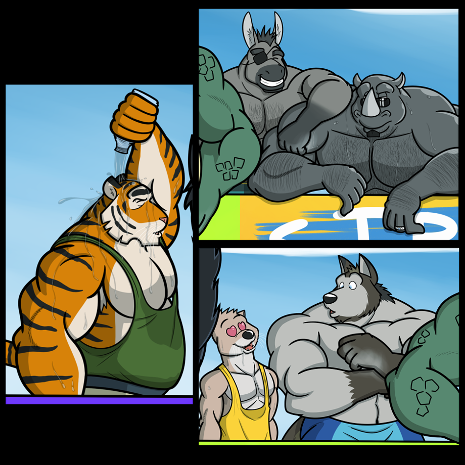 big_muscles canine donkey equine eye_patch eyewear feline gay horn houndgrey male mammal muscles mustelid otter pecs rhino rhinoceros sunglasses tiger water