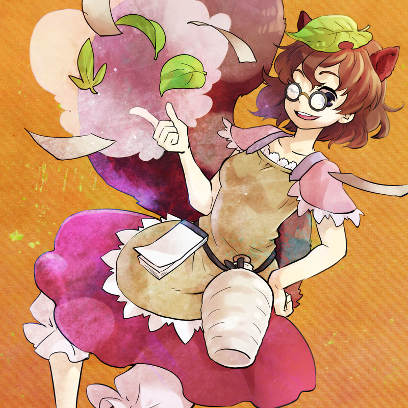 animal_ears bottle brown_eyes brown_hair brown_skirt futatsuiwa_mamizou glasses leaf leaf_on_head miniskirt notepad pince-nez raccoon_ears raccoon_tail short_hair skirt solo tail tomobe_kinuko touhou