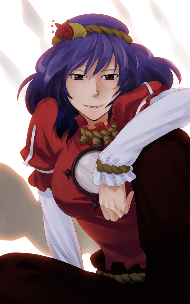 hair_ornament purple_hair red_eyes rope shimenawa shinburu short_hair sitting smile solo touhou yasaka_kanako