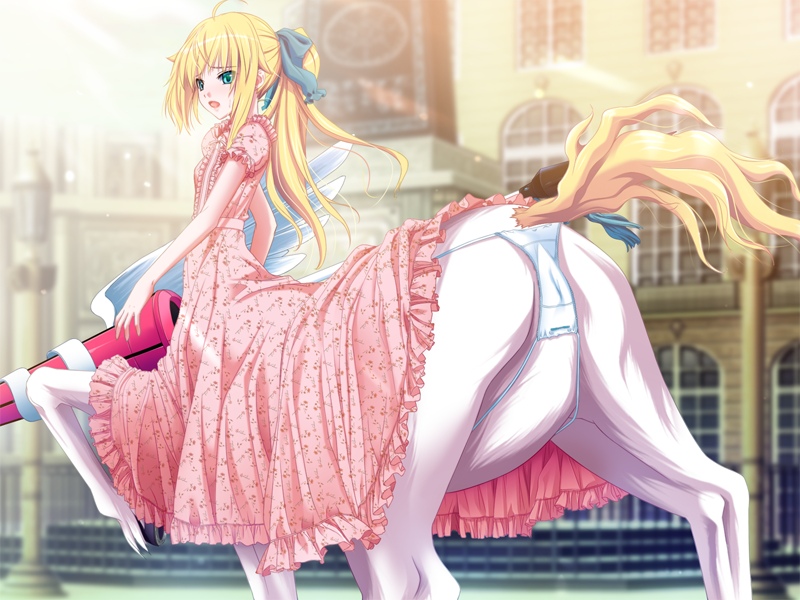 1girl blonde_hair blonde_tail blue_eyes bow centaur centauress clothed clothing dress dressed equine female flat_chest flat_chested game_cg hair hair_bow hooves human lance long_hair mammal monster monster_girl outdoors panties pink_dress polearm princess_x slinky_panties solo spear string_panties tail taur underwear unknown_artist weapon white_panties white_pelt winged_spear
