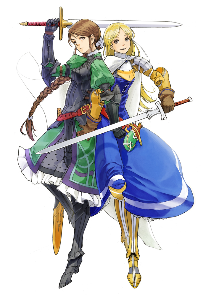 armor armored_dress bad_id bad_pixiv_id belt blonde_hair braid brown_hair crossover final_fantasy final_fantasy_tactics frilled_skirt frills gauntlets gloves greaves knife knight knight_(fft) knight_(tactics_ogre) long_hair medium_skirt multicolored multicolored_clothes multicolored_skirt multiple_girls simple_background skirt suzume_yuu sword tactics_ogre weapon