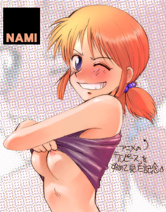 blush kikumaru_bunta nami nami_(one_piece) one_piece orange_hair pirate