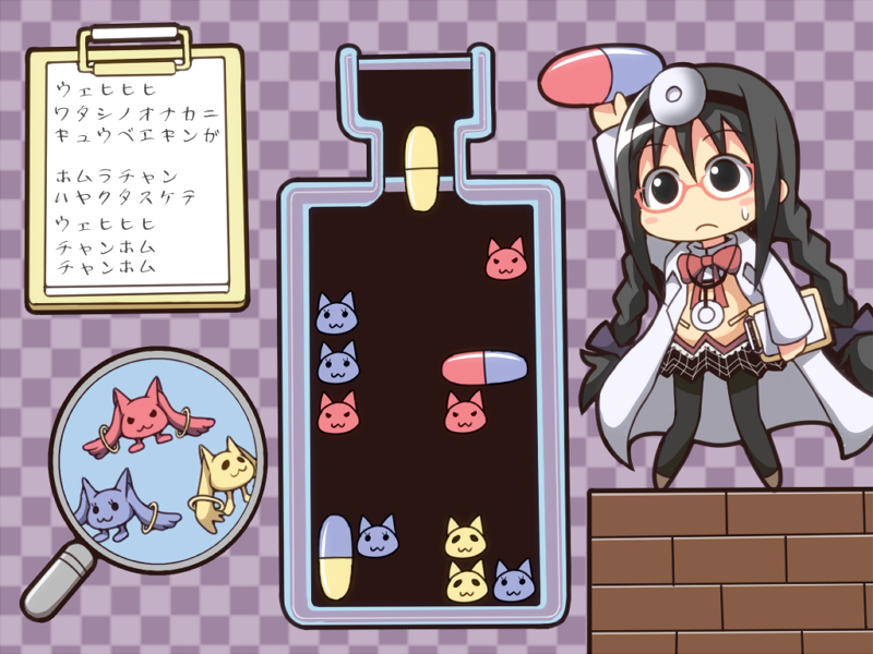 :3 akemi_homura blush_stickers braid chibi clipboard cosplay dr._mario dr._mario_(cosplay) dr.mario glasses kyubey labcoat lee_(monsterheart) long_hair magnifying_glass mahou_shoujo_madoka_magica pantyhose parody pill red-framed_eyewear stethoscope translated twin_braids